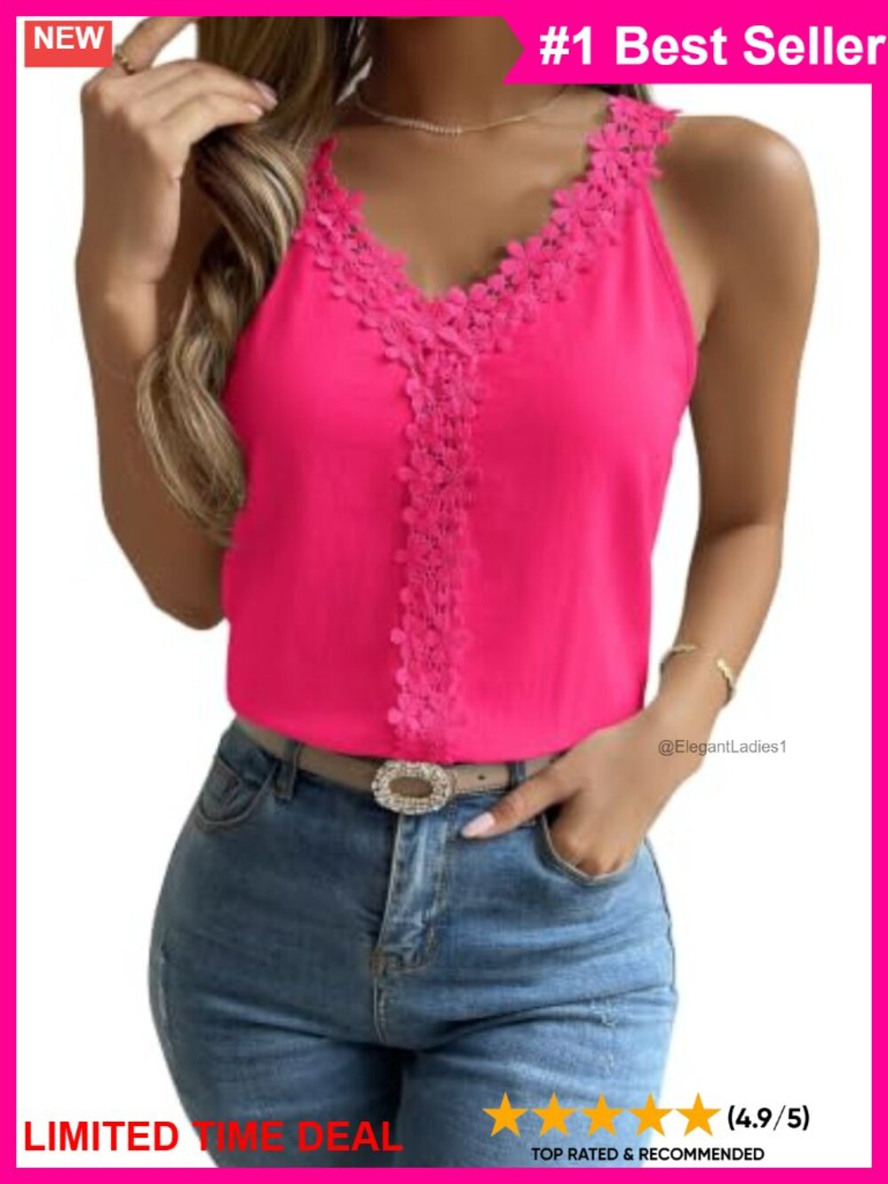 Falechay Womens V Neck Lace Trim Tank Top Sleeveless Blouse